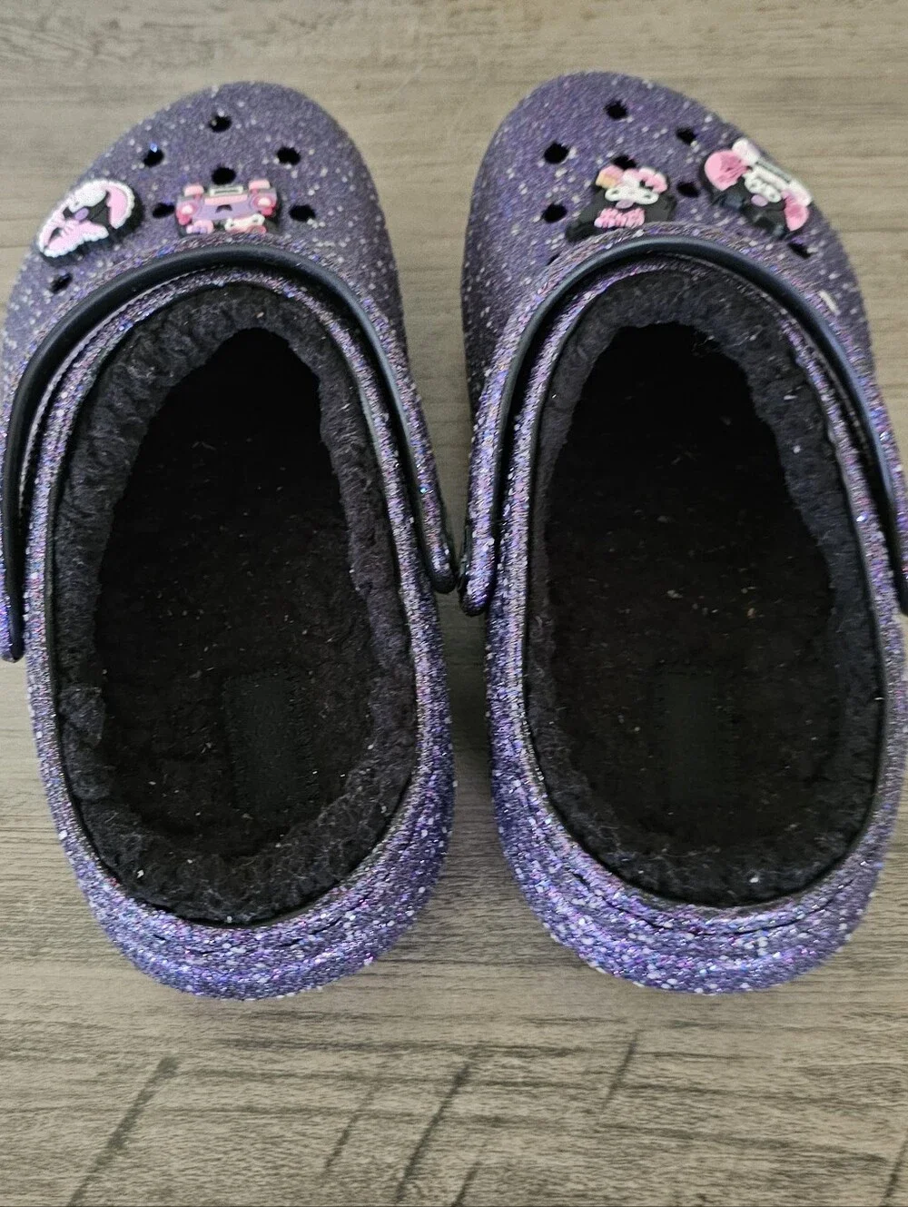 Crocs Classic Purple Space Glitter Plush Lined Clog Girl J1 Sandal Kuromi Charms